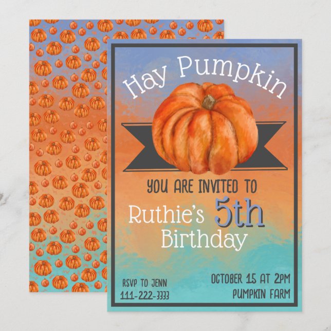 Convite Hay Pumpkin Fall Birthday Party Invitation (Frente/Verso)