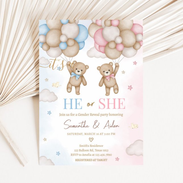 Convite He or She Bear Gender Reveal (Bear Balloon He or She Gender Reveal Invitation)