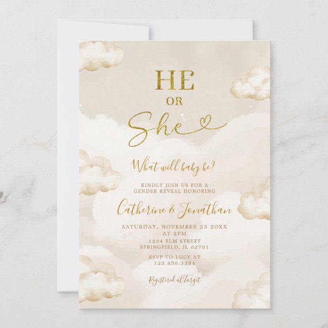 Convite He Or She Boho Beige Clouds Gold Gender Reveal (Frente)
