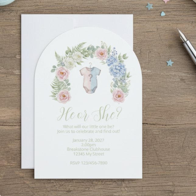 Convite He or She? Botanical Gender Reveal Invitation (Gender reveal party invitation)