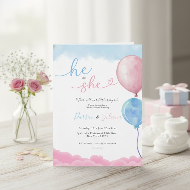 Convite He or She Cute Pink & Blue Balloons Gender Reveal (Criador carregado)