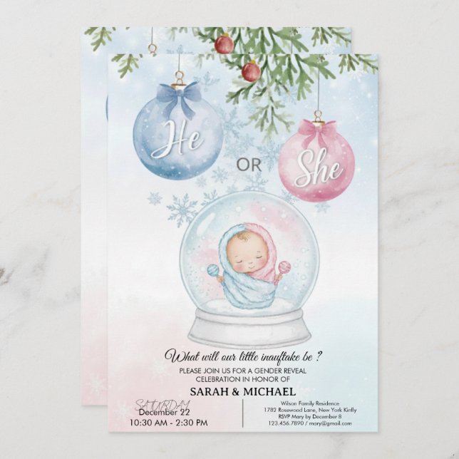 Convite He or She? Festive Christmas Gender Reveal Party  (Frente/Verso)