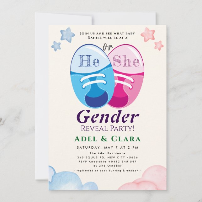Convite He or She Gender Reveal Invitation (Frente)