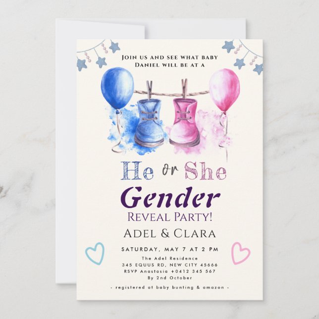 Convite He or She Gender Reveal Invitation (Frente)