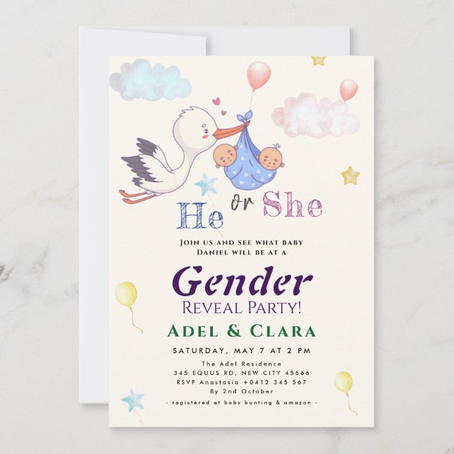 Convite He or She Gender Reveal Invitation (Frente)
