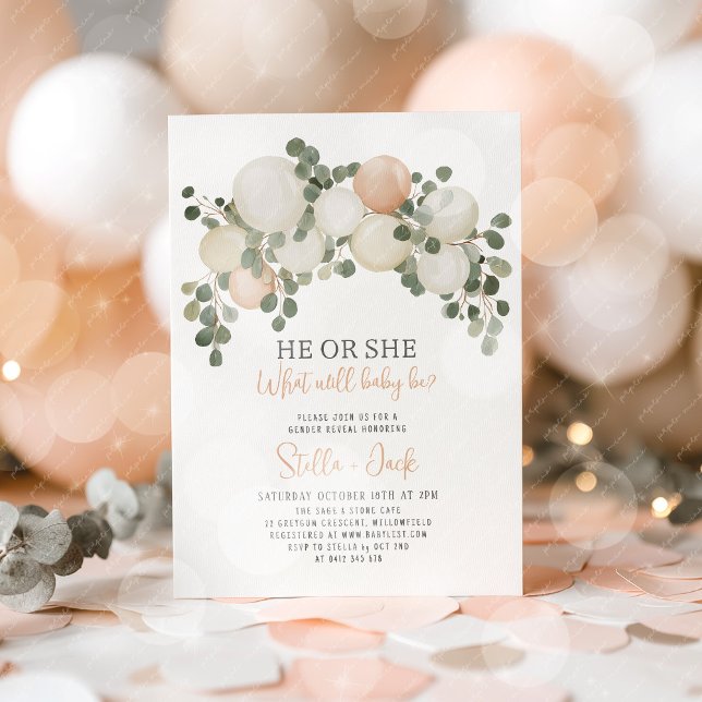 Convite He or She Greenery Balloon Garland Gender Reveal  (He or She Gender Reveal Invitation )