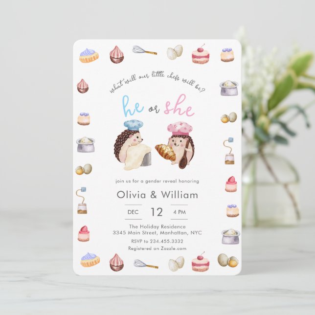 Convite He or She Little Chef Baker Hedgehog Gender Reveal (Em pé/Frente)