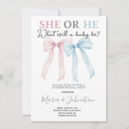 Convite He or She Pink Blue Bow Baby Gender Reveal