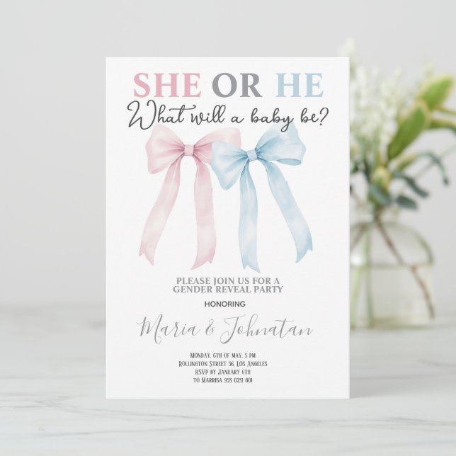 Convite He or She Pink Blue Bow Baby Gender Reveal (Em pé/Frente)