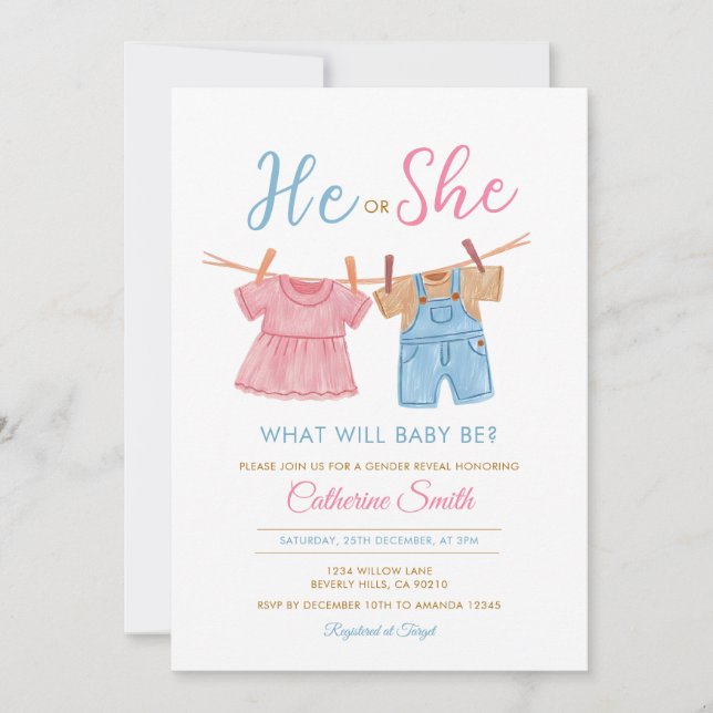 Convite He or She Pink & Blue Clothesline Gender Reveal  (Frente)