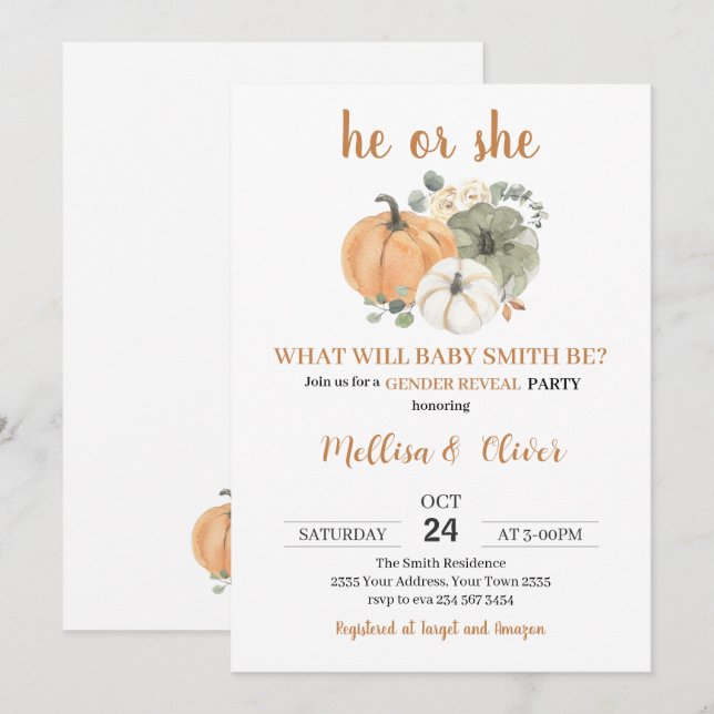 Convite He or She Pumpkin Fall Gender Reveal (Frente/Verso)