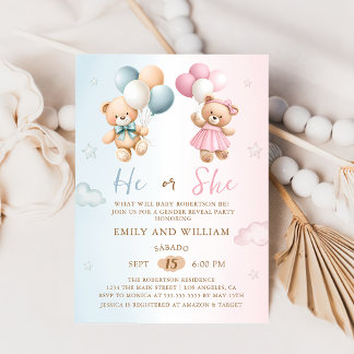 Convite He or She Teddy Bear Gender Reveal Invitation