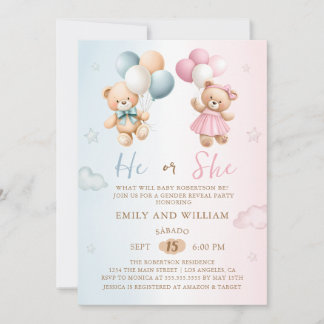 Convite He or She Teddy Bear Gender Reveal Invitation