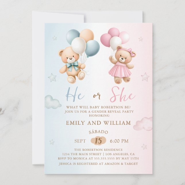 Convite He or She Teddy Bear Gender Reveal Invitation (Frente)