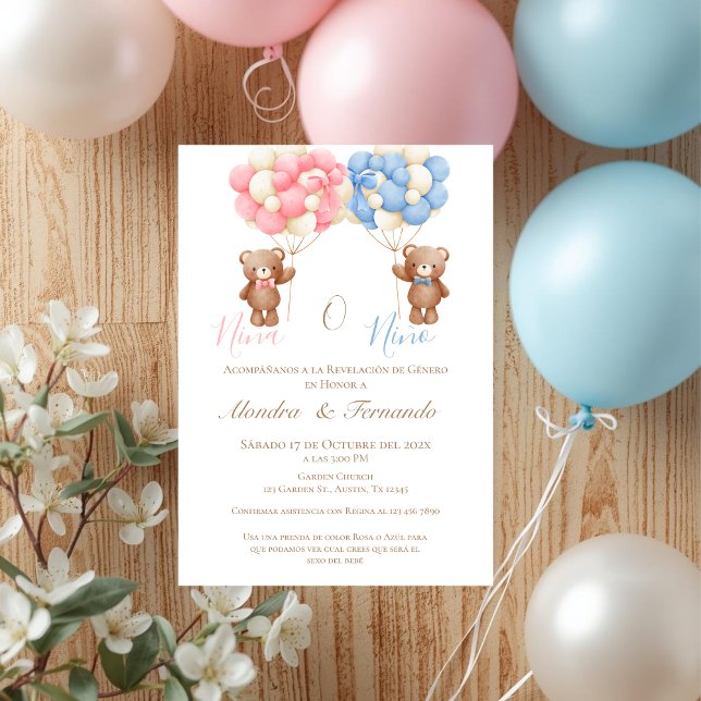 Convite He or She Teddy Bear with Balloons Gender Reveal I (Criador carregado)