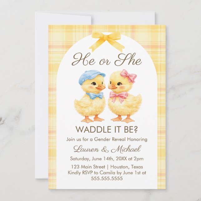 Convite He or She WADDLE IT BE? Gender Reveal Invitation (Frente)