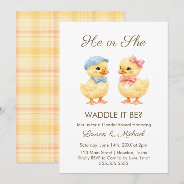 Convite He or She WADDLE IT BE? Gender Reveal Invitation (Frente/Verso)