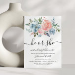 Convite HE ou SHE | floral gênero de bebê<br><div class="desc">O gênero de bebê floral revela o convite para festa com lindas flores azuis e rosa pintadas a mão,  pintadas a aquarelas.</div>