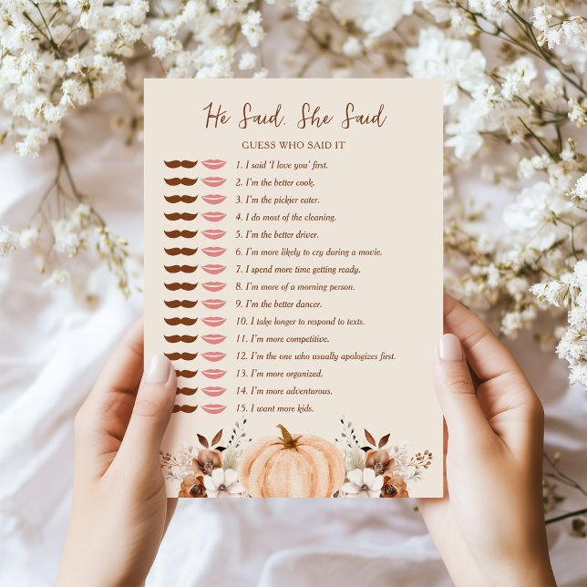 Convite He Said She Said Fall Bridal Shower Game Card (Criador carregado)