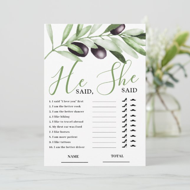 Convite He said She Said Olive Branch Bridal Shower Card (Em pé/Frente)