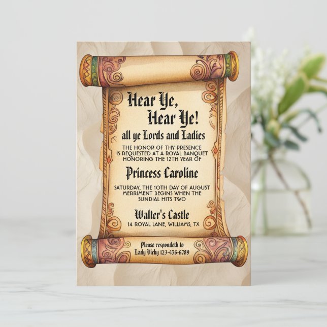 Convite Hear Ye, Hear Ye! Medieval Royal Birthday (Em pé/Frente)