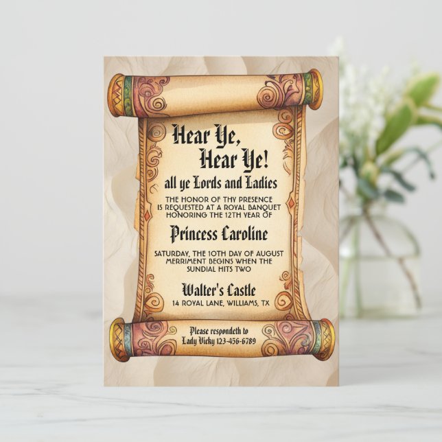 Convite Hear Ye, Hear Ye! Medieval Royal Birthday (Em pé/Frente)