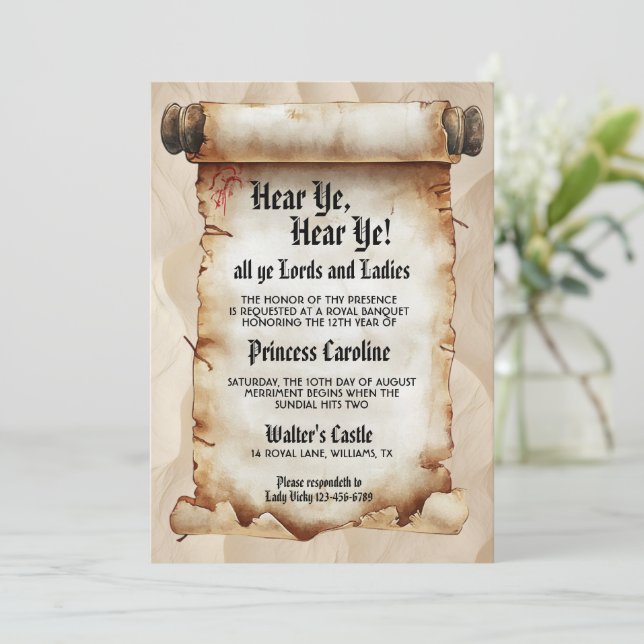 Convite Hear Ye, Hear Ye! Medieval Royal Birthday (Em pé/Frente)