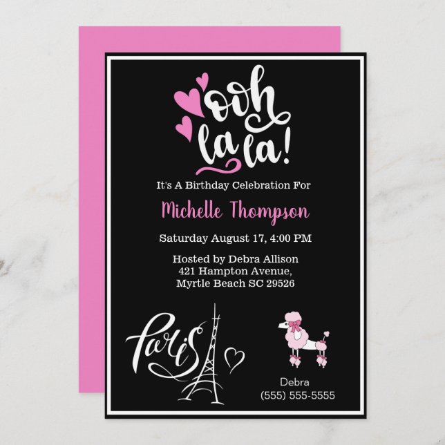 Convite Heart Eiffel Tower Paris Festa de aniversário Fran (Frente/Verso)