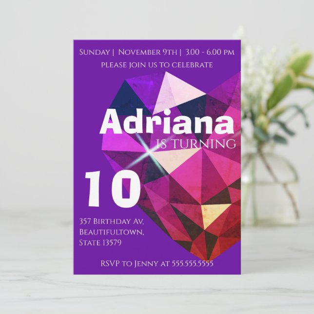 Convite Heart Gemstone Purple 10th Birthday Invitation (Em pé/Frente)