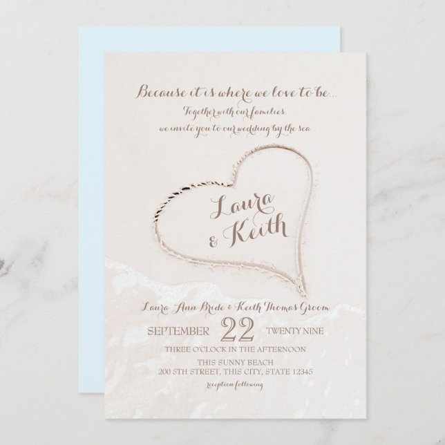 Convite Heart in Sand Beach Wedding (Frente/Verso)