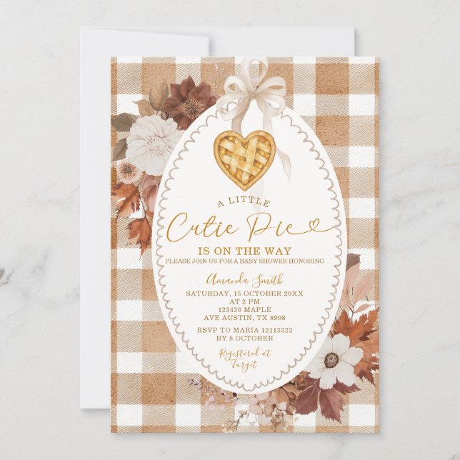 Convite Heart Little Cutie Pie Brown Gingham Baby Shower (Frente)