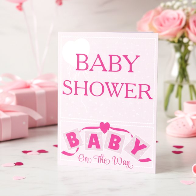 Convite Heart Ribbon Bright Pink Baby Shower Invitation (Light pink design for a girl’s shower, add your own text to make it personal & unique.)