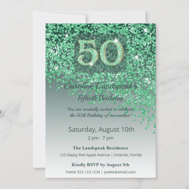 Convite Heartfelt 50th Birthday Green Glitter  (Frente)