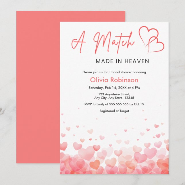 Convite Hearts A Match Made in Heaven Bridal Shower  (Frente/Verso)