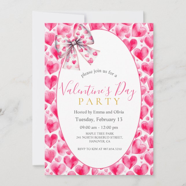 Convite Hearts and Bow Valentine’s Day Party Invitation (Frente)