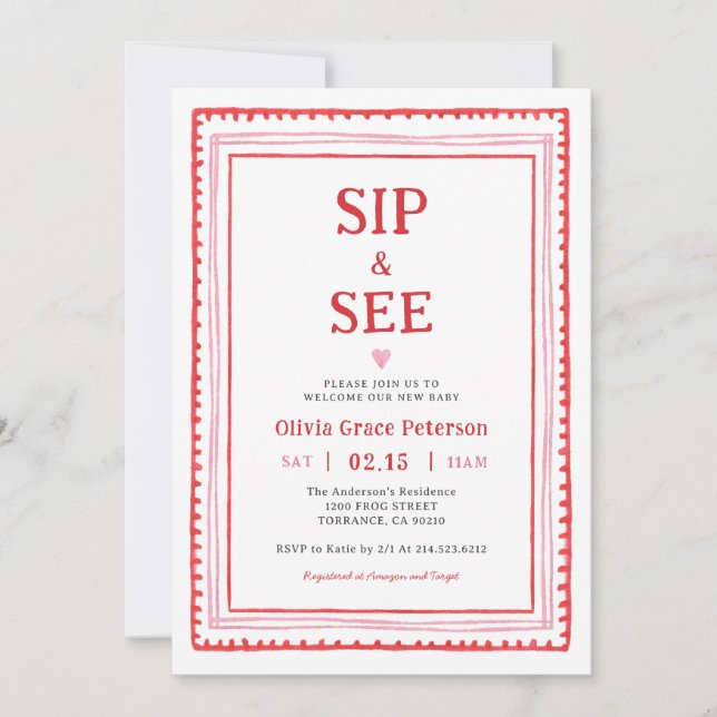 Convite Hearts Baby Girl Sip and See Welcome Baby (Frente)