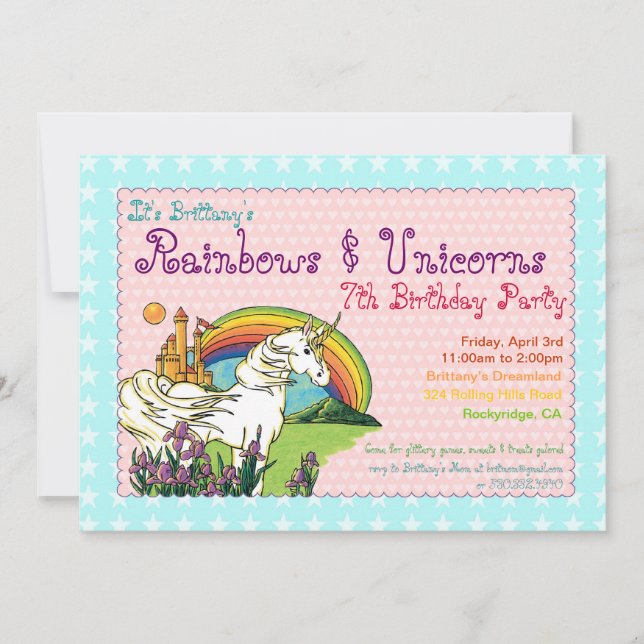 Convite Hearts Stars Rainbow e Unicorns Invitation (Frente)