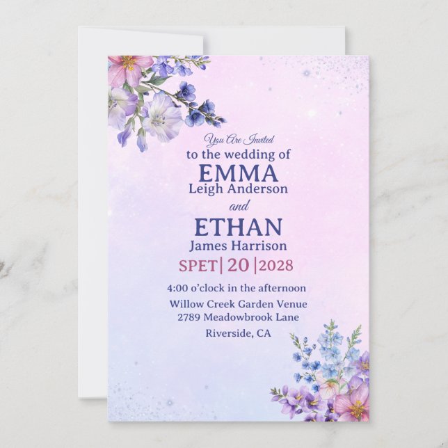 Convite heather periwinkle plum lavender blue Wedding  (Frente)