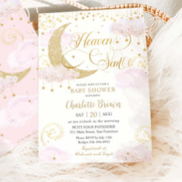 Convite Heaven Sent Moon and Stars Pink Gold Baby Shower