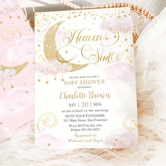 Convite Heaven Sent Moon and Stars Pink Gold Baby Shower (Criador carregado)
