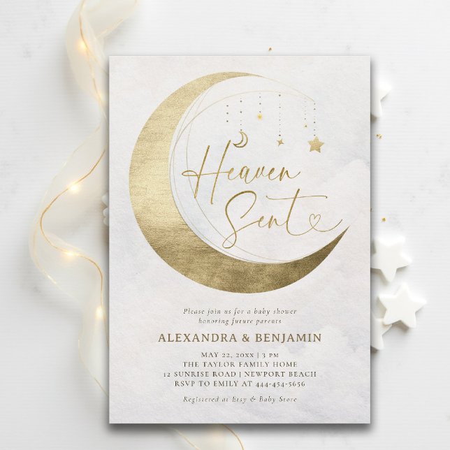 Convite Heaven Sent Moon Gold White Sky Coed Baby Shower (baby shower invitation heaven sent moon stars sky white gold neutral coed jack jill)