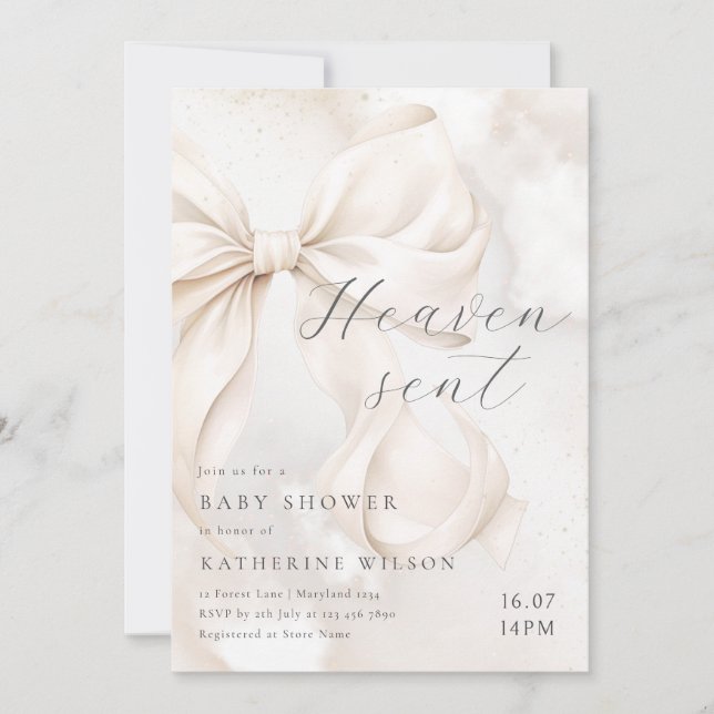 Convite Heaven Sent Neutral Bow Baby Shower Invitation (Frente)