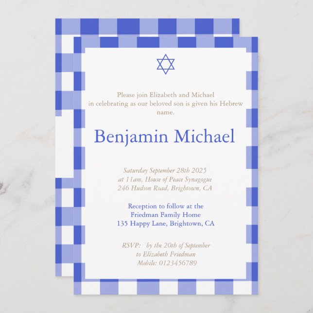 Convite Hebraico Brit Shalom Baby Boy Naming Jewish Blue (Frente/Verso)