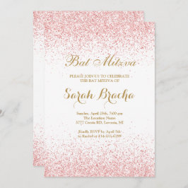 Convite Hebraico e Bat Inglês Miztva Rosa Glitter Dourado