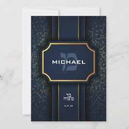 Convite Hebraico Mem Monograma Bar Mitzvah Marinho Dourado