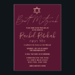 Convite Hebraico Simples Rosa Burgundy Red Bat Mitzvah<br><div class="desc">Este convite elegante, minimalista e chic Bat Mitzvah é a escolha perfeita para a sua filha no dia especial dela. Ele apresenta um simples e moderno falso design de tipografia rosa dourada com a estrela de David em um fundo vermelho burgundy. Também exibe tipografia personalizada do nome hebraico do seu...</div>
