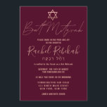 Convite Hebraico Simples Rosa Burgundy Red Bat Mitzvah<br><div class="desc">Este convite elegante, minimalista e chic Bat Mitzvah é a escolha perfeita para a sua filha no dia especial dela. Ele apresenta um simples e moderno falso design de tipografia rosa dourada com a estrela de David em um fundo vermelho burgundy. Também exibe tipografia personalizada do nome hebraico do seu...</div>