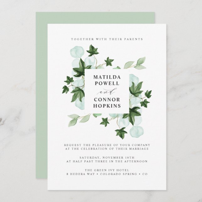 Convite Hedera | Casamento Botânico de Ivy Eucalyptus Verd (Frente/Verso)