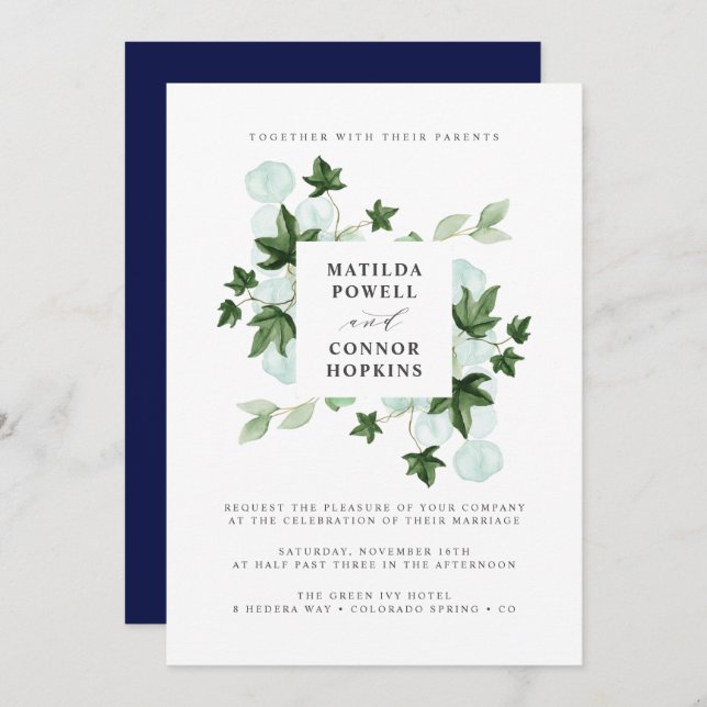 Convite Hedera | Casamento Botânico Marinho de Ivy Verde (Frente/Verso)