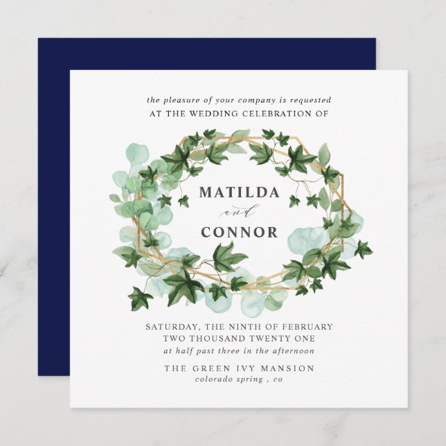 Convite Hedera | Marinho Ivy Frame Botanical Wedding (Frente/Verso)